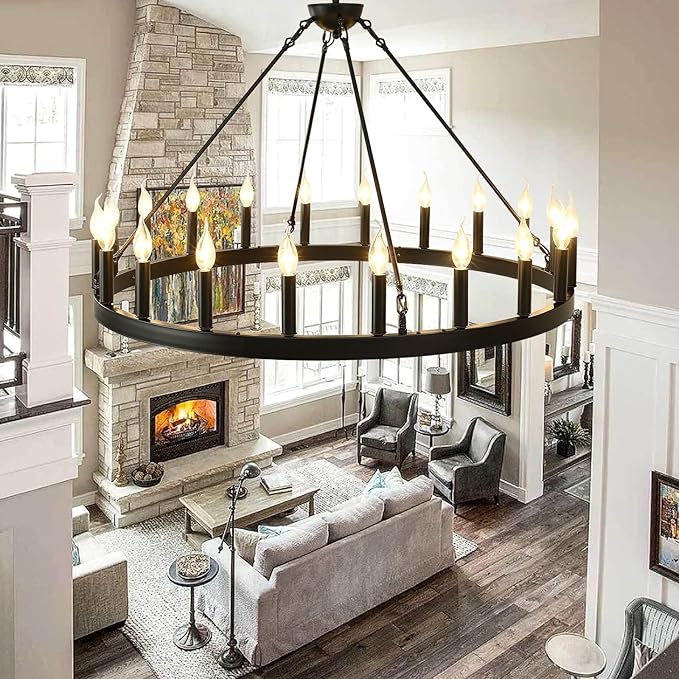 Black Wagon Wheel Chandelier 40 inch,20-Light Farmhouse Wagon Wheel Chandeliers Round Industrial Ceiling Light fixtures for Outdoor Porch high Ceilings Living Dining Room Foyer Entryway