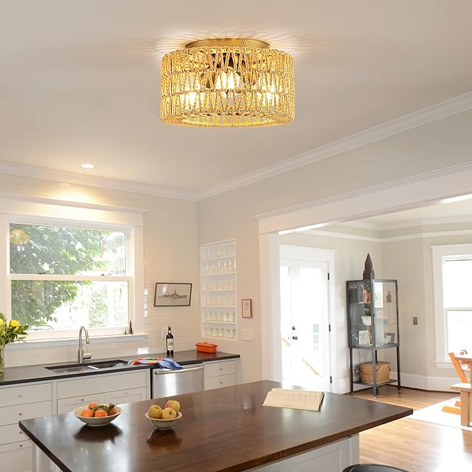 MAYNA 3-Light Boho Light Fixtures Ceiling Mount, Hand-Woven Chandelier Light Fixture,Farmhouse Rattan Flush Mount Fixture for Hallway Bedroom Kitchen Living Room Entryway