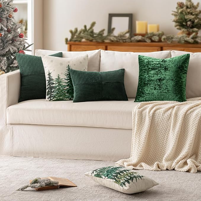MIULEE Christmas Army Green Corduroy Pillow Covers Pack of 2 Boho Decorative Spliced Throw Pillow Covers Soft Solid Couch Pillowcases Cross Patchwork Cushion Covers for Living Room Bed Sofa 12x20 inch