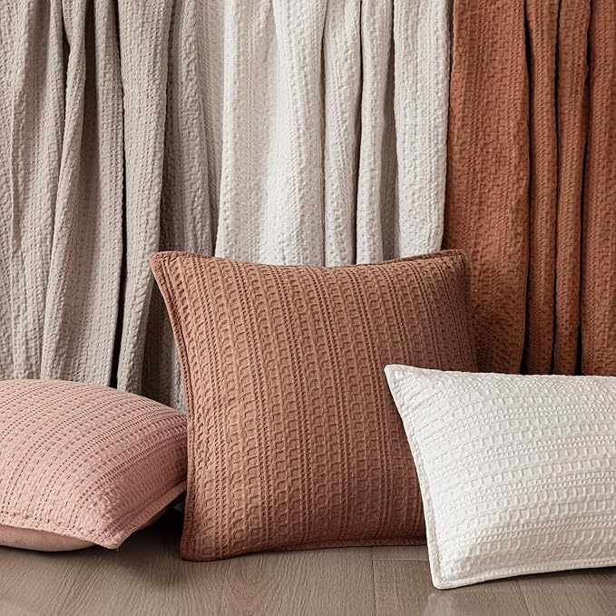 Foindtower Set of 2 Decorative Cotton Waffle Weave Throw Pillow Covers Euro Shams Cushion Covers Accent European Pillowcase for Bed Couch Sofa Bedroom Living Room Home Decor 22×22 Inch Coral Pink
