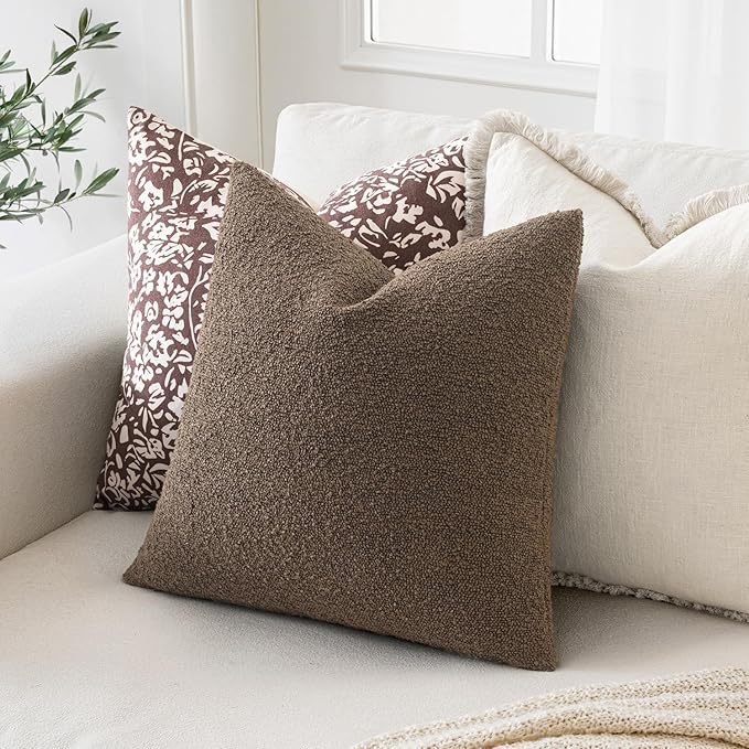 MIULEE 22x22 Decorative Euro Sham Throw Pillows for Bed Set of 2 Textured Boucle Neutral Winter Throw Pillow Covers Dark Brown Accent Solid Vintage Pillowcases Couch Sofa Livingroom Home Decor