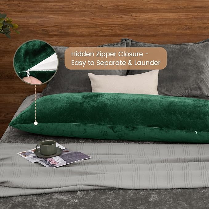 PHF Truly Velvet Zippered Body Pillowcase, No Insert, 1 Pack Ultra Soft Breathable Pillow Sham Cover with Zipper, 20"X 54" Long Luxury Cozy Warm Fuzzy Flannel, Emerald Green