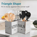 Suli Extra Large Kitchen Utensils Holder with 3 Compartments,Corner Shelf,Wooden Utensil Organizer for Kitchen Countertop, Farmhouse Decor, Rustic Cooking Utensil - White grain