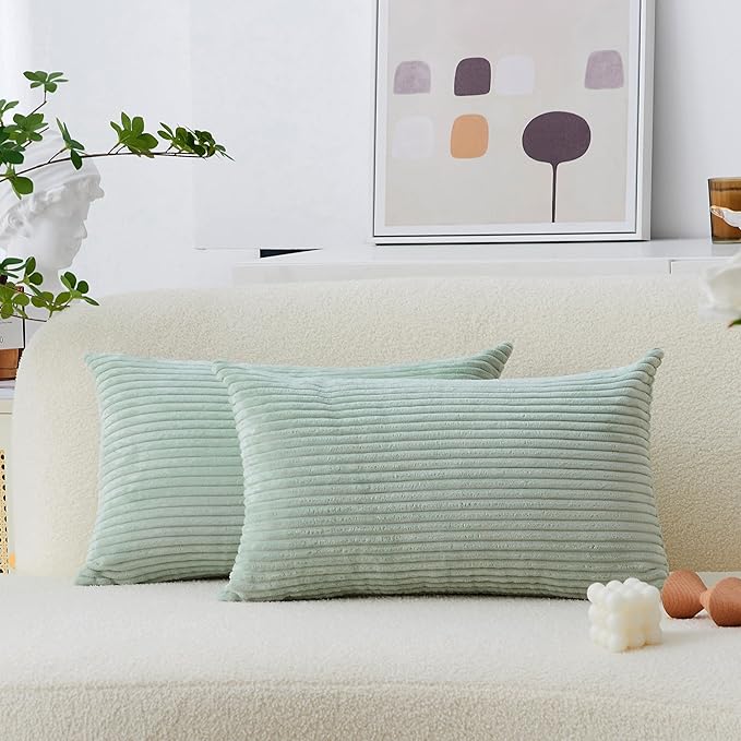 Home Brilliant Sage Green Lumbar Spring Pillow Cover Corduroy Plush Velvet Oblong Decorative Rectangle Pillowcases for Bed Couch Sofa Decor, Set of 2, 12 x 20 inches(30x50cm), Mint