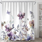 Sanzugh Purple Floral Shower Curtain, Cute Boho Watercolor Flower Wildflower Leaves Butterfly White Fabric Shower Curtains Set for Bathroom Decorative with Hooks 72 X 78 inch Spring Bath Decor