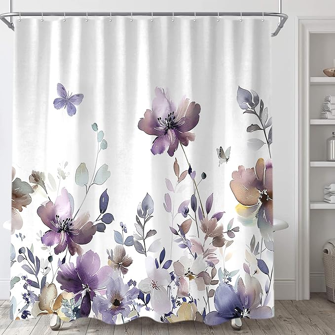 Sanzugh Purple Floral Shower Curtain, Cute Boho Watercolor Flower Wildflower Leaves Butterfly White Fabric Shower Curtains Set for Bathroom Decorative with Hooks 60 X 72 inch Spring Bath Decor