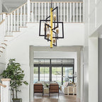 Wellmet Black Gold Chandelier Light，6-Light Brass Geometric Chandeliers for Dining Room, Modern Pendant Lighting Fixture Hanging for Foyer Kitchen Island Entryway, Metal Frame with Glass Shade