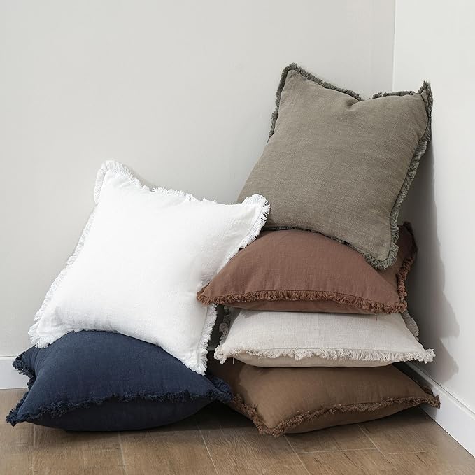 Foindtower Set of 2 Decorative Linen Fringe Throw Pillow Covers Cozy Boho Farmhouse Cushion Cover with Tassels Soft Accent Pillowcase for Couch Sofa Bed Living Room Home Decor,26×26 Inch,White