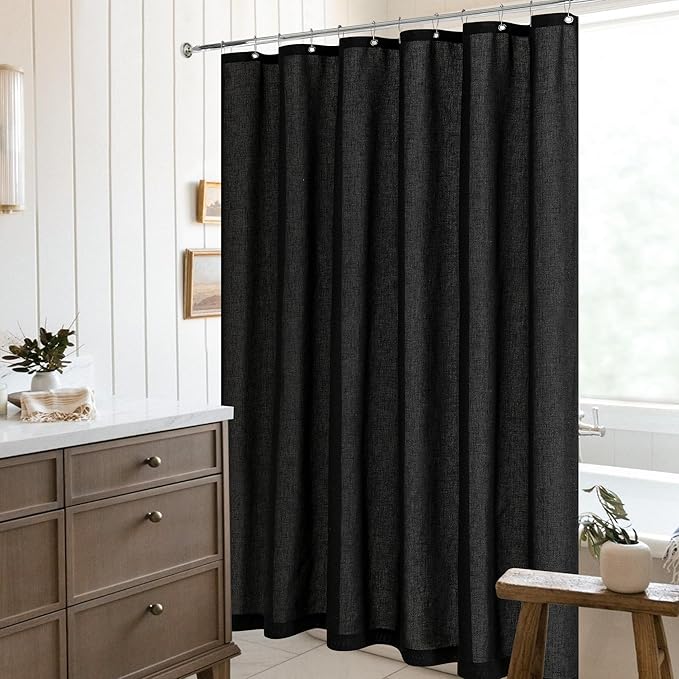 Extra Long Black Linen 84 Inch Shower Curtain Neutral Modern Bath Curtain Set 84 Inch Long with Hooks XLong Tall Farmhouse Boho Modern Drapes for Bathroom Black 72x84