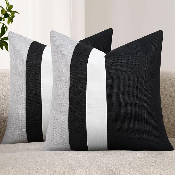 Adabana Set of 2 Linen Pillow Covers Decor Square Patchwork Throw Pillow Covers 18x18 Inch Farmhouse Cushion Covers Decorative Couch Bedroom Sofa Living Room,Black