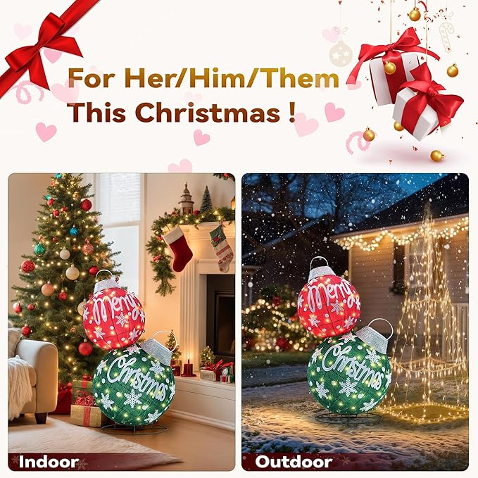 Large Lighted Christmas Ball Ornaments,35Inch 3D Pre-Lit LED Holiday Decor with Base for Outdoor Yard, Garden,Patio-Festive Glow (Red/Green)