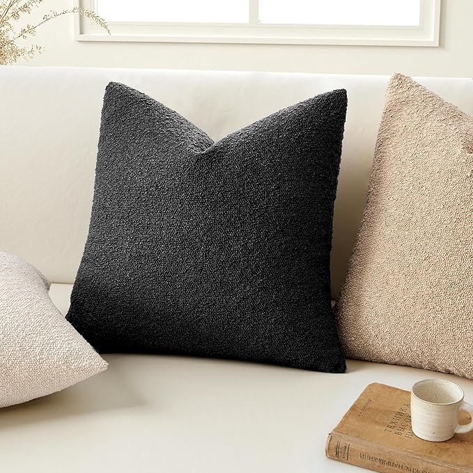 ANRODUO Pack of 2 Textured Boucle Throw Pillow Covers Soft Black Decorative Accent Solid Pillow Cases Cozy Modern Couch Cushion Case for Chair Sofa Bedroom Living Room Home Decor, 20 x 20 Inch