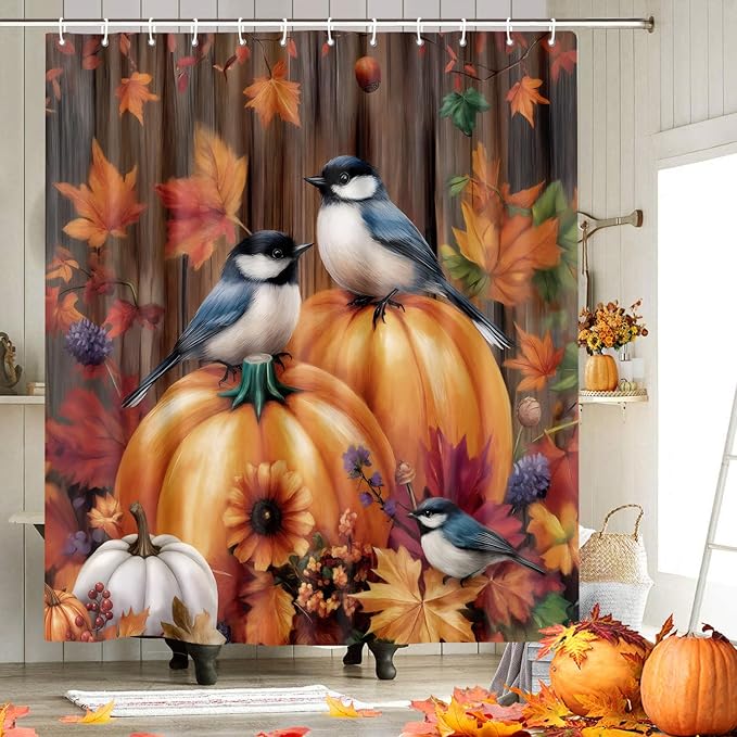 Fall Thanksgiving Pumpkin Shower Curtains for Bathroom, Rustic Autumn Bird Halloween Thanksgiving Shower Curtain Set Country Famrhouse Bath Curtain with 12 Hooks, 72x72 Orange Fabric Polyeste
