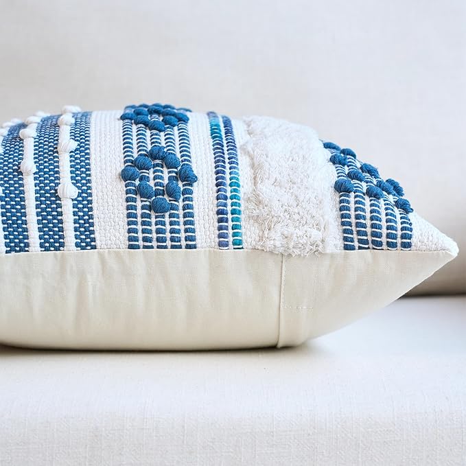 18x18 Boho Tufted Navy Blue Decorative Pillow Cover with Cording Handmade Accent Woven Textured Square Throw Pillow Case for Couch Sofa Farmhouse Living Room Home Decor