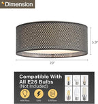 WINGBO 20" Modern 5-Light Flush Mount Ceiling Light Fixture with Fabric & Acrylic Double Drum Shade for Bedroom Living Room Dining Room Hallway Entryway, Black