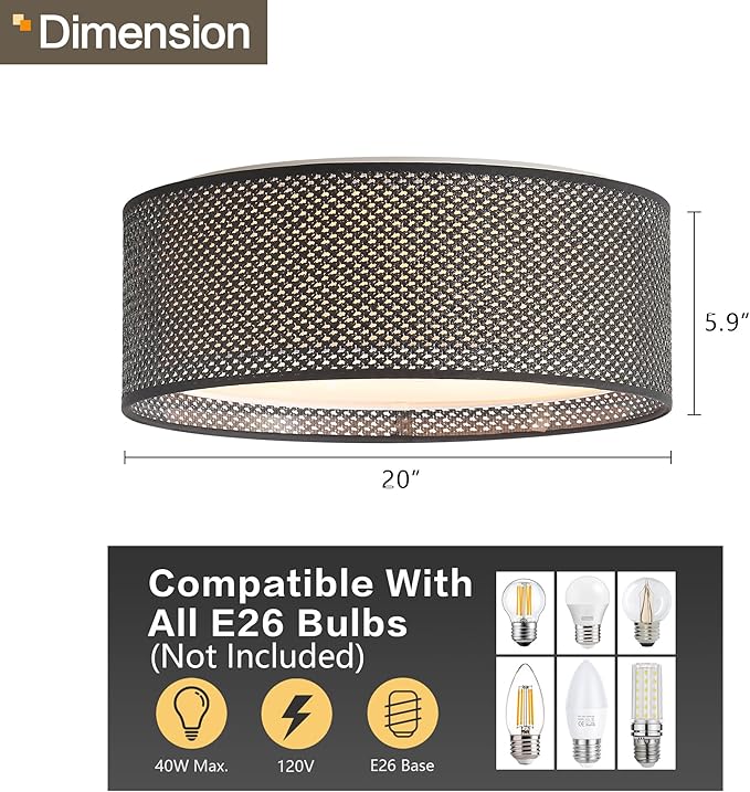 WINGBO 20" Modern 5-Light Flush Mount Ceiling Light Fixture with Fabric & Acrylic Double Drum Shade for Bedroom Living Room Dining Room Hallway Entryway, Black