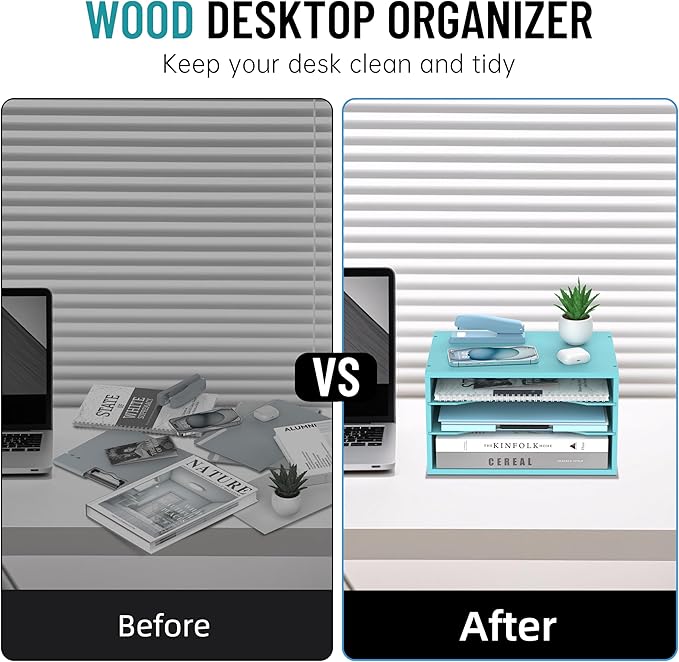 Wood Desk Organizer, 3 Tier Paper Tray Organizer for Desk with Adjustable Storage Shelves, Desktop Paper Sorter Mail Holder for Office Home Classroom, Blue