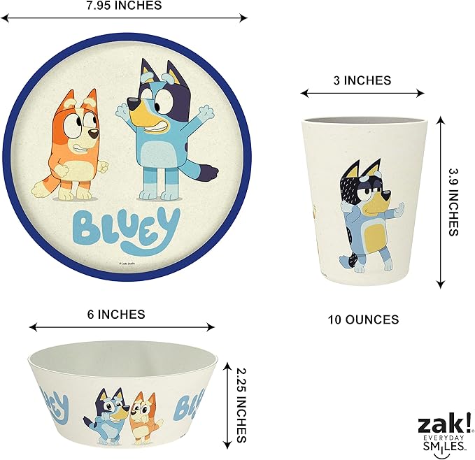 Zak Designs Bluey Kids Dinnerware Set 3 Pieces, Durable and Sustainable Melamine Bamboo Plate, Bowl, and Tumbler are Perfect For Dinner Time With Family (Bluey, Bingo, Bandit, Chilli)