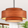 Farmhouse 19.7" Drum Wooden Chandelier Vintage 4-Lights Modern Chandelier with Wood Finish Linen Shade Retro Drum Chandeliers for Dining Room, Kitchen Island, Living Room, Bedroom
