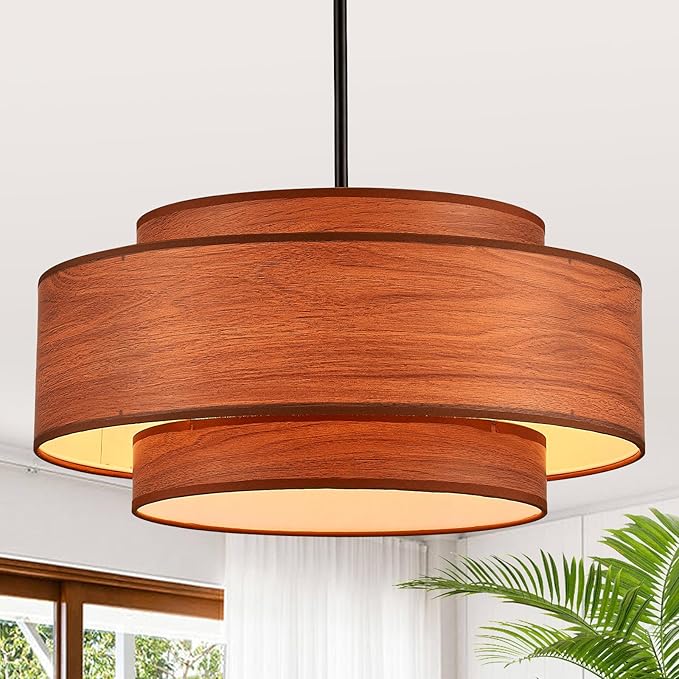 Farmhouse 19.7" Drum Wooden Chandelier Vintage 4-Lights Modern Chandelier with Wood Finish Linen Shade Retro Drum Chandeliers for Dining Room, Kitchen Island, Living Room, Bedroom