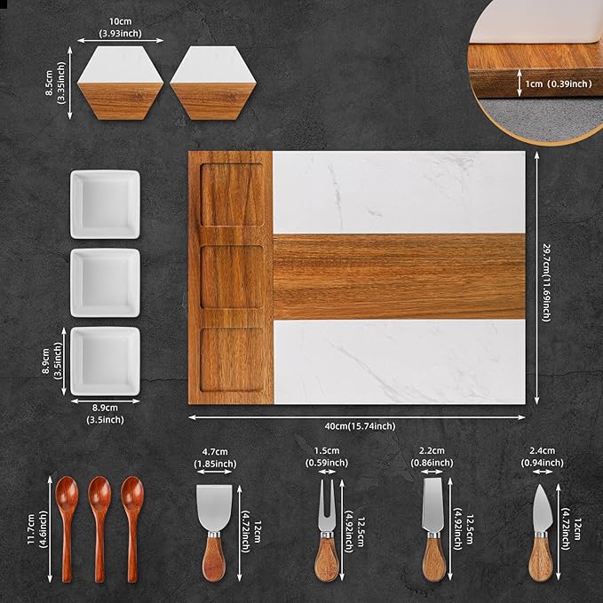 Charcuterie Board Set, Marble Cheese Boards, 15.74“ Wood - Marble Cheese Board Set for Couples 2025, Bridal Shower, Housewarming Gifts New Home, Gifts for Women