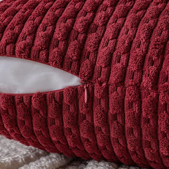MIULEE Christmas Wine Red Throw Pillow Covers Soft Corduroy Decorative Set of 2 Boho Striped Pillow Covers Pillowcases Farmhouse Home Decor for Couch Bed Sofa Living Room 18x18 Inch