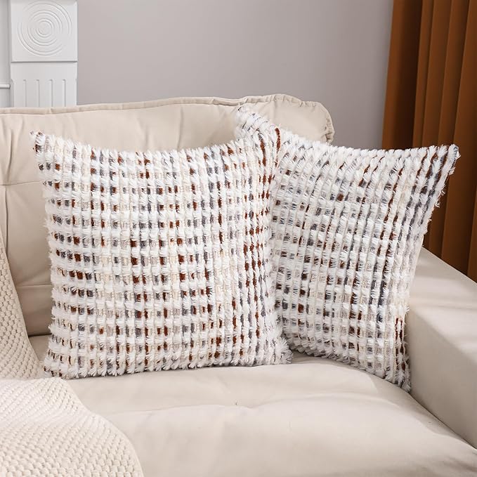 LUOYEHK Boho Throw Pillow Covers 18x18 Inch Set of 2 Farmhouse Neutral Pillow Covers Chenille Tufted Pillowcase for Couch Sofa Bed Living Room, Brown White