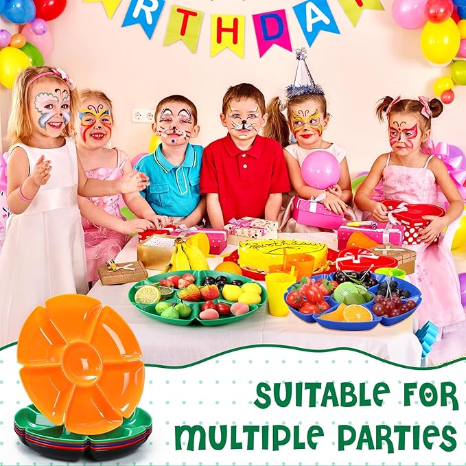 Zhehao 6 Pcs Plastic Divided Serving Trays with 60 Pcs Disposable Fork, 7 Compartments Round Chip Dip Plate, Petal Shape Platter, 10.6'' Snacks Serving Dish for Party Candy Nuts Fruits (Warm Color)
