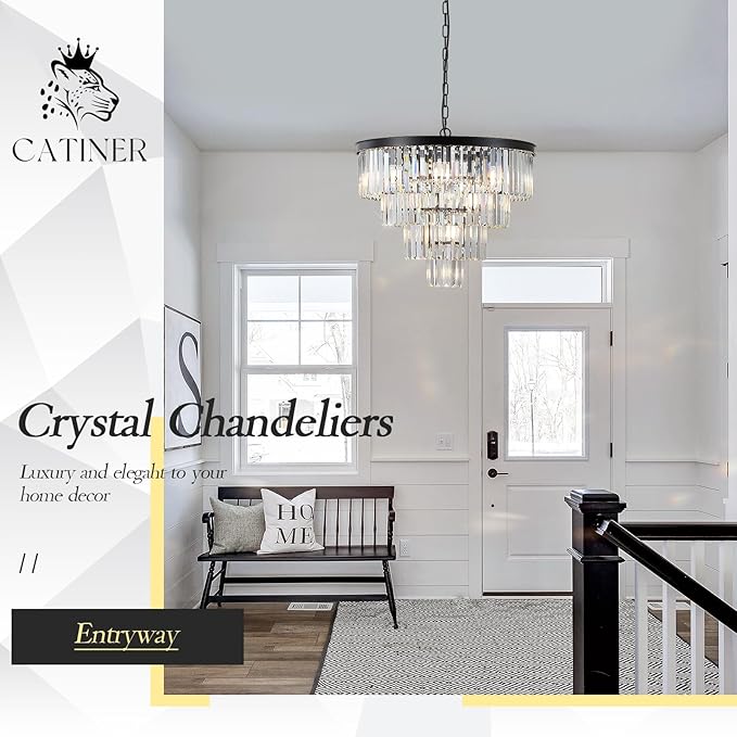 Modern Black Crystal Chandeliers,24” Ceiling Round Chandelier,Luxury Flush Mount Pendant Light Fixture with Chain Farmhouse 4 Tiers K9 Chandelier for Dining Room Bedroom Foyer