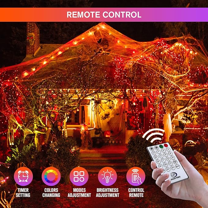 JMEXSUSS Christmas Lights, 8 Modes Waterproof Christmas Light Outdoor Plug in, Clear Wire String Lights Indoor Bedroom 500 LED Orange and Purple 163 FT