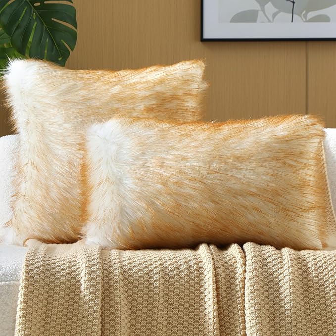 FUTEI Brown White Decorative Throw Pillow Covers 24x24 Inch Set of 2,Soft Fluffy Faux Fox Fur Textured European Cushion Case,Modern Home Decor for Couch Living Room