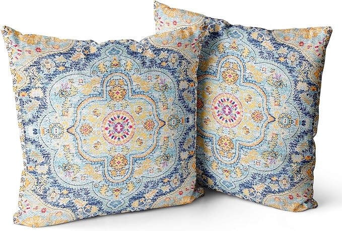 Snycler Boho Throw Pillow Covers 18x18 inch Set of 2 Burnt Blue Yellow Terracotta Rust Colored Throw Pillows Boho Home Decor for Bedroom Living Room Couch & Sofa (No Inserts)