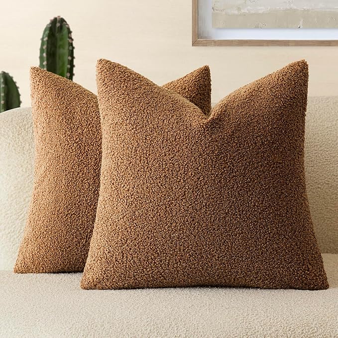 Foindtower Pack of 2, Curly Faux Fur Decorative Throw Pillow Covers Soft Fuzzy Plush Cushion Case with Zipper Cozy Pillowcase for Home Living Room Couch Bed Sofa 16 x 16 Inch,Dark Bronze