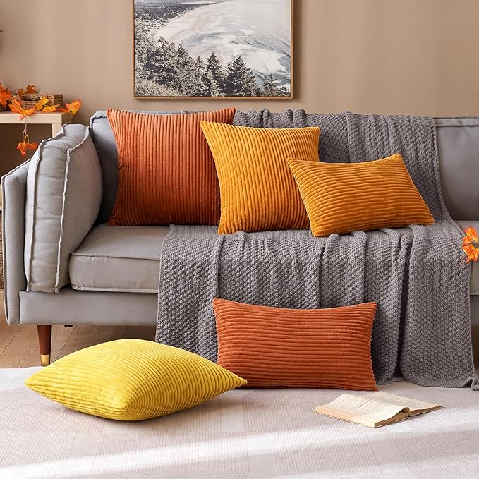 MIULEE Pack of 2 Burnt Orange Pillow Covers 24x24 Inch Soft Boho Striped Corduroy Throw Pillow Covers Set Decorative Square Cushion Cases Pillowcases for Sofa Bedroom Couch