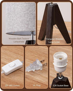 EDISHINE Boho Small Table Lamp, Walnut Color Wooden Tripod Bedside Lamp, Farmhouse Nightstand Lamp for Nursery, Bedroom, Office, Kid Room, Living Room, Grey Linen Lampshade, E26 Socket, 14.2 Inch