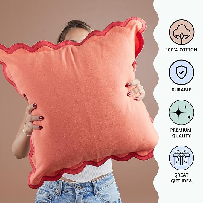 Folkulture Christmas Throw Pillows | Set of 2 (20 x 20) Boho Couch Pillows for Living Room | Scalloped Red Decorative Pillows Xmas Decor for Home