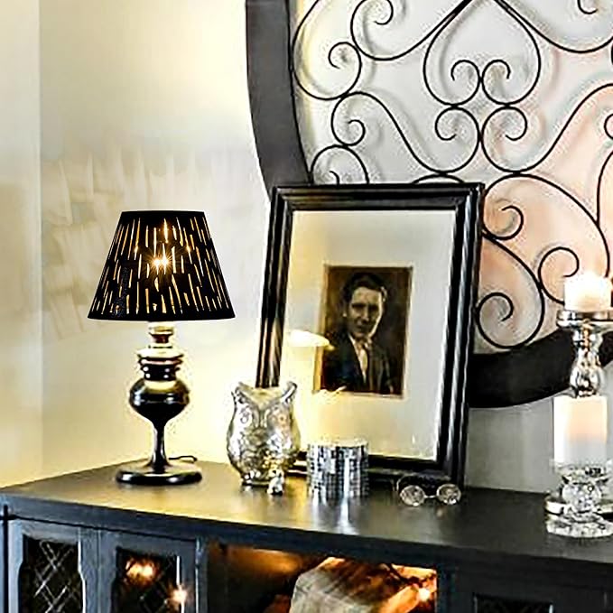 GO&SO Set of 2 Small Black Drum Lamp Shades, 5" Top x 9" Bottom x 6.4" High (Spider), Laser Etching Fabric Lamp Shades for Table, Floor, Wall Lamps -No Assembly Required, Modern Replacement Lampshades