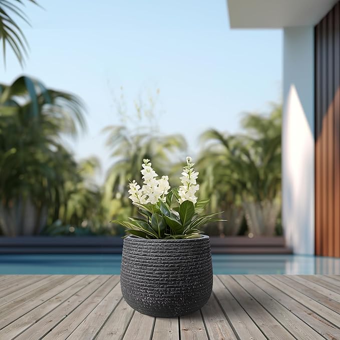 Kante 12.5" Dia Round Fluted Planter with Surface Indentations, Large Flower Pot with Drainage Hole for Indoor & Outdoor Plants, Black Finish with Warm Brown Interior