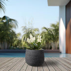 Kante 12.5" Dia Round Fluted Planter with Surface Indentations, Large Flower Pot with Drainage Hole for Indoor & Outdoor Plants, Black Finish with Warm Brown Interior