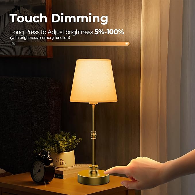 Rechargeable Table Lamp Cordless,5200mAH Battery Operated LED Lamp,3000K Stepless Dimming,Portable Touch Control Wireless Lamp for Dining Room Living Room Bedroom Restaurant Gold 2 Pack