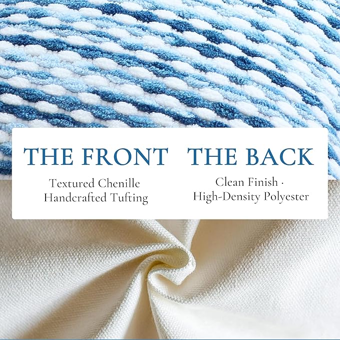 Boho Decorative Throw Pillow Covers 12x20 Inch, Chenille Tufted Pillow Cover Striped Textured Lumbar Farmhouse Accent Pillowcase for Couch Sofa Bedroom Living Room, Blue White Stripe, 2 Pack