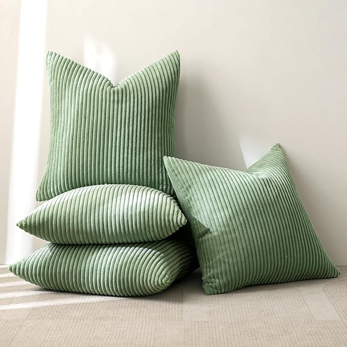 MIULEE Boho Farmhouse Throw Pillow Covers 18x18 Inch Set of 4 Mordern Nordic Cushion Covers Soft Corduroy Home Decor for Couch Bed Sofa Living Room Sage Green
