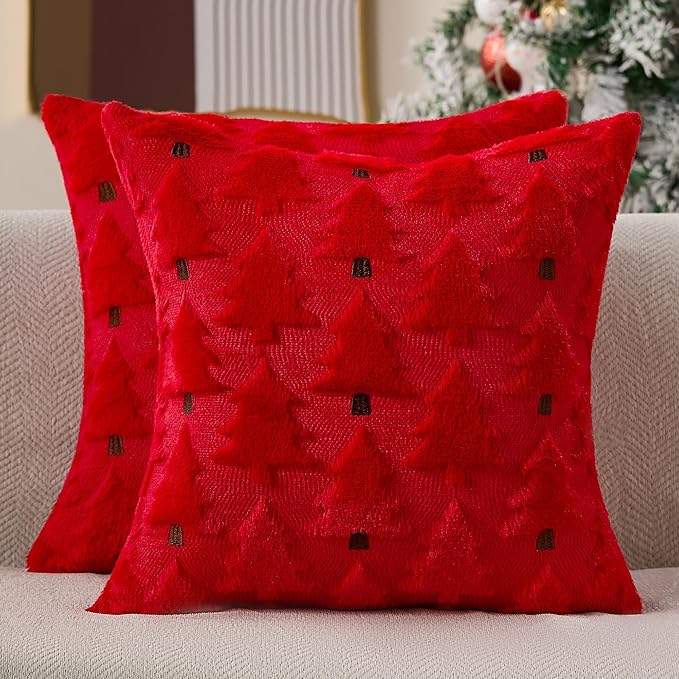 Christmas Pillow Covers 18x18 inch Set of 2 Christmas Decorations Soft Plush Faux Fur Wool Red Xmas Tree Throw Pillow Cases Winter Holiday Decor for Sofa Living Room PT012Q18