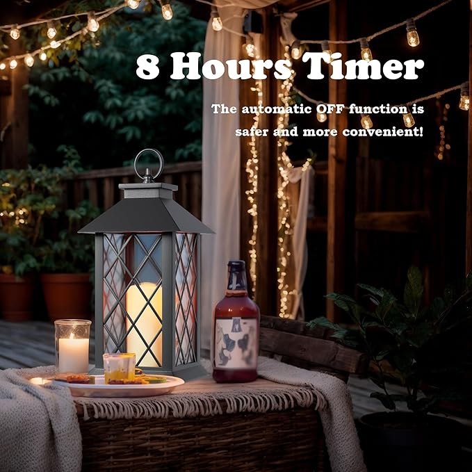Christmas Lanterns Decorative Indoor, 2 Packs 14" Battery-Powered Waterproof Black LED Candle Lanterns with Timer for Patio & Outdoor, Vintage Hanging Lantern for Xmas Home Decorations, Diamond