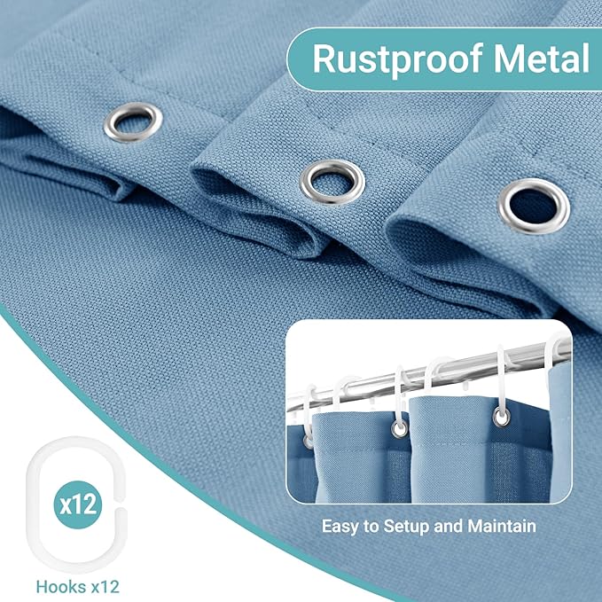 Linen Shower Curtain with 6 Hooks Modern Heavy Duty Washable Fabric Curtain Set Waterproof Thick Cloth Shower Curtains for Bathroom Bathtub Washable, W36*L70, Blue Gray