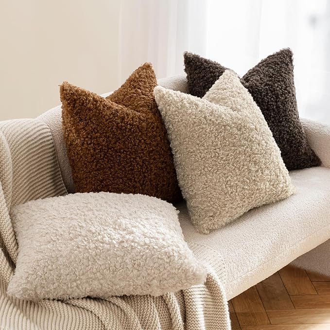 MIULEE Pack of 2 Faux Fur Throw Pillow Covers 18x18 Inch Neutral Oatmeal Boucle Decorative Sherpa Pillow Covers Fuzzy Accent Soft Sheepskin Fleece for Boho Home Decor Sofa Living Room Couch Bed