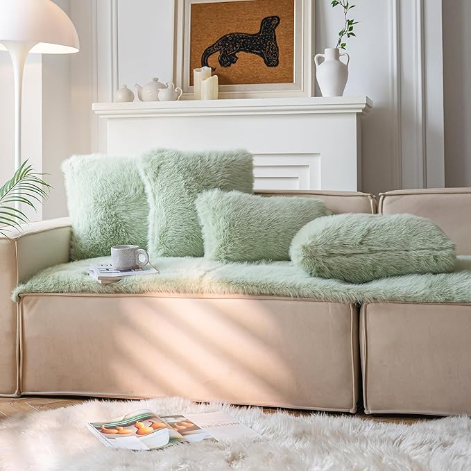 Neelvin Green Faux Fur Cozy Fluffy Double-Sided Decorative Throw Pillow Covers 16x16 inch Set of 2,Velvet Pillowcase Cushion Case for Sofa Couch