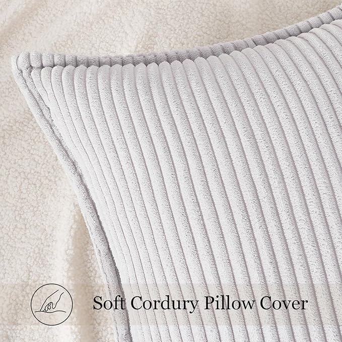 Mecatny Corduroy Throw Pillow Covers 26x26 Set of 2, Neutral Decorative Soft Boho Couch Pillow Covers with Broadside for Sofa Living Room, Grey