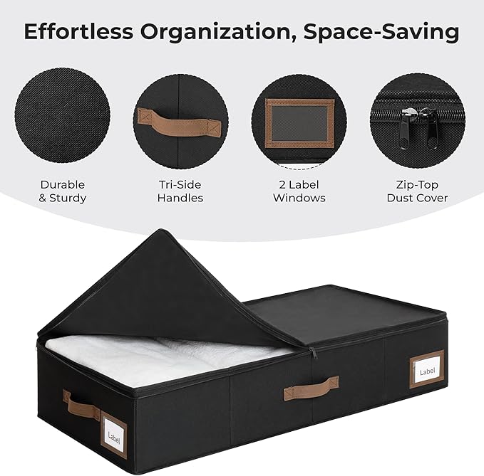 Cupic Cupid Under Bed Storage Containers, Foldable Organizer with Lid for Bedroom, Underbed Storage Box for Blankets, Clothes, Shoes, 2 Pack, Black