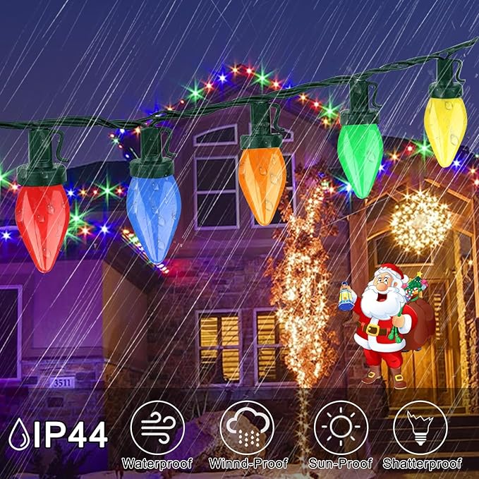 Couah C7 Christmas LED String Lights - 26Ft LED Vintage Multicolor Lights with 50 LED Colorful Bulbs, Outdoor String Lights for Christmas Party Backyard Wedding- Green Wire